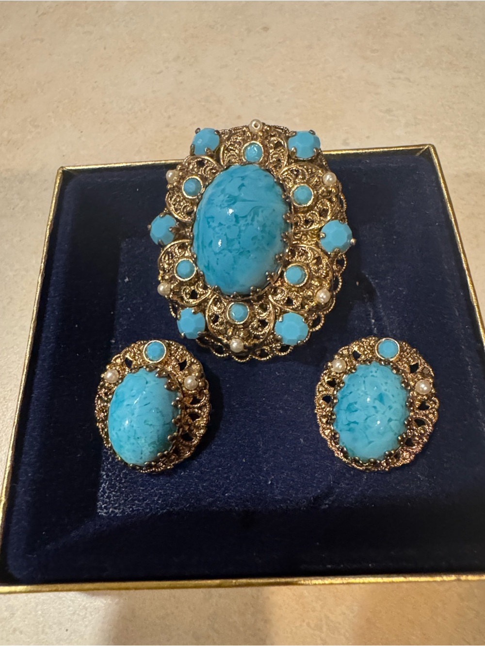 Vintage-Style Turquoise Blue Filigree Brooch and Earring Set